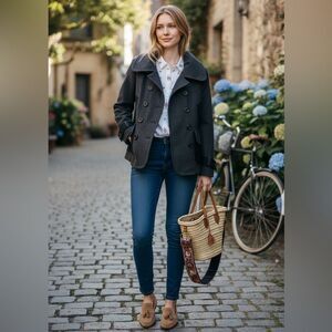 Guess Wool Blend Colorblock Pea Coat Jacket Women M Grey Black Long Sleeve Retro